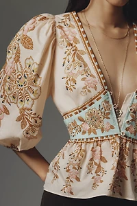 Farm Rio x Anthropologie Bubble-Sleeve V-Neck Peplum Top