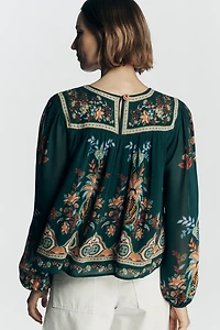 Farm Rio x Anthropologie Long-Sleeve Knotted Keyhole Top