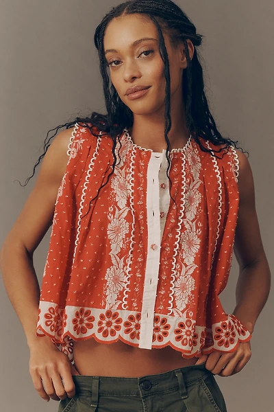 Farm Rio x Anthropologie Cotton Sleeveless Scalloped Blouse