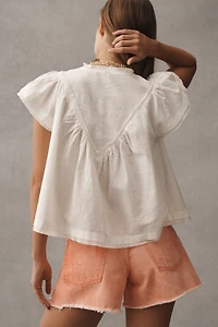 By Anthropologie Short-Sleeve Smocked Linen-Blend Blouse