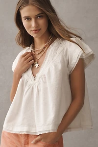By Anthropologie Short-Sleeve Smocked Linen-Blend Blouse