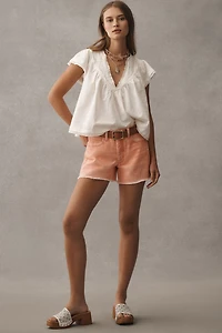By Anthropologie Short-Sleeve Smocked Linen-Blend Blouse