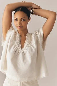 By Anthropologie Short-Sleeve Smocked Linen-Blend Blouse