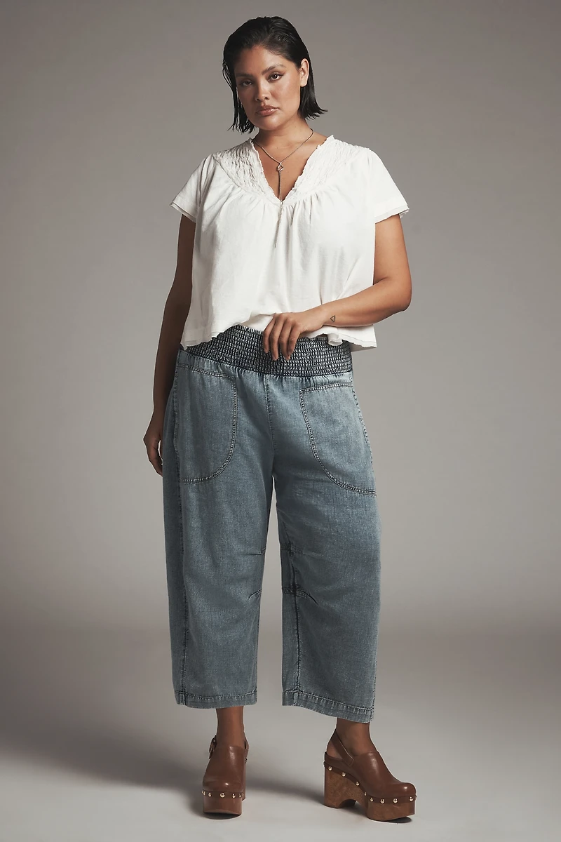By Anthropologie Short-Sleeve Smocked Linen-Blend Blouse
