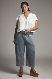 By Anthropologie Short-Sleeve Smocked Linen-Blend Blouse
