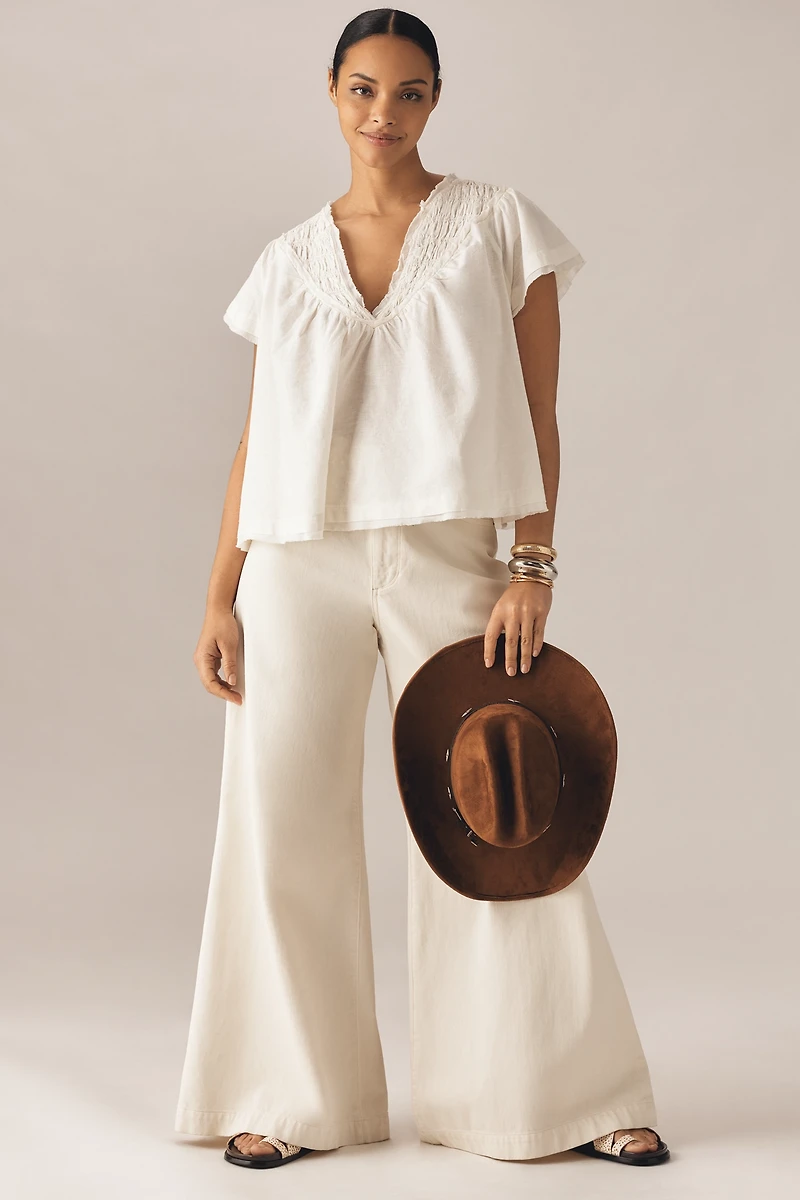 By Anthropologie Short-Sleeve Smocked Linen-Blend Blouse