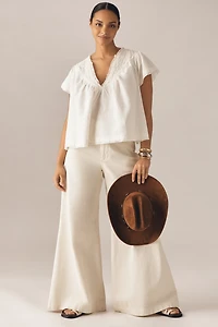 By Anthropologie Short-Sleeve Smocked Linen-Blend Blouse