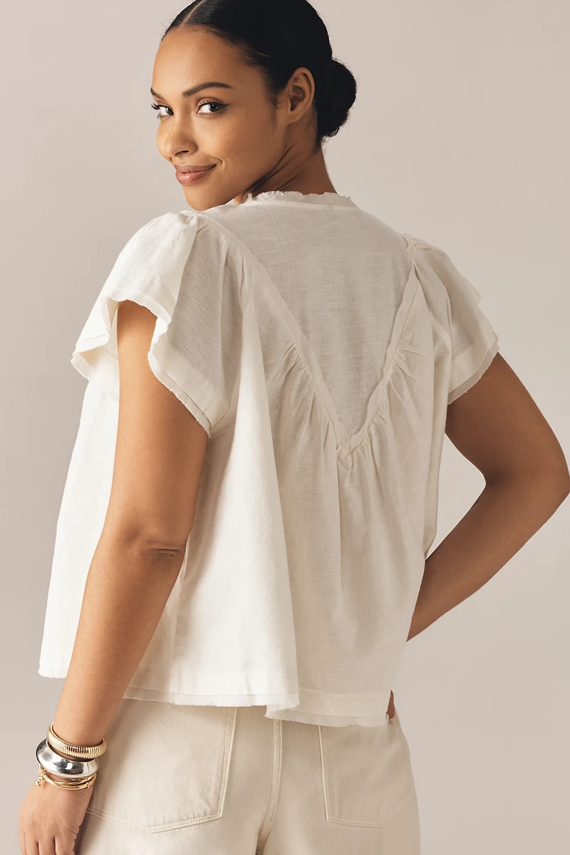 By Anthropologie Short-Sleeve Smocked Linen-Blend Blouse