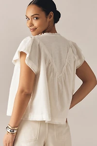 By Anthropologie Short-Sleeve Smocked Linen-Blend Blouse