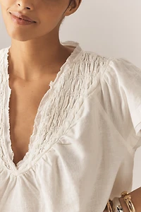 By Anthropologie Short-Sleeve Smocked Linen-Blend Blouse