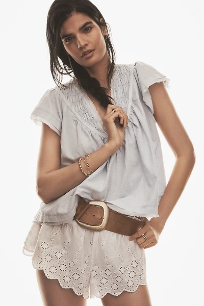 By Anthropologie Short-Sleeve Smocked Linen-Blend Blouse