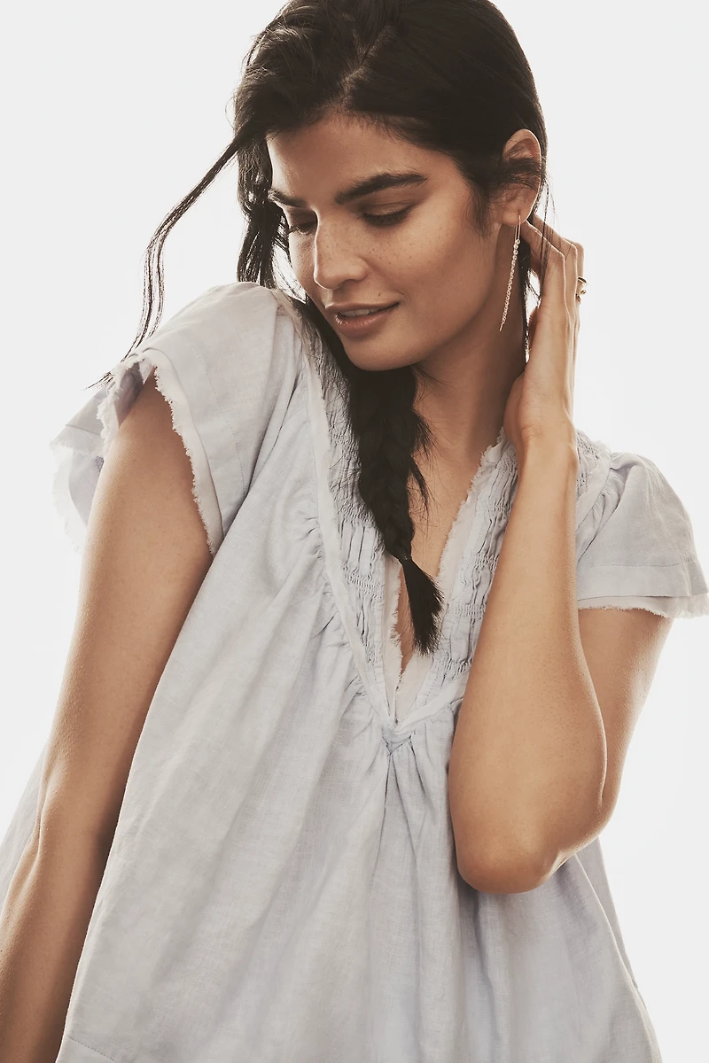 By Anthropologie Short-Sleeve Smocked Linen-Blend Blouse