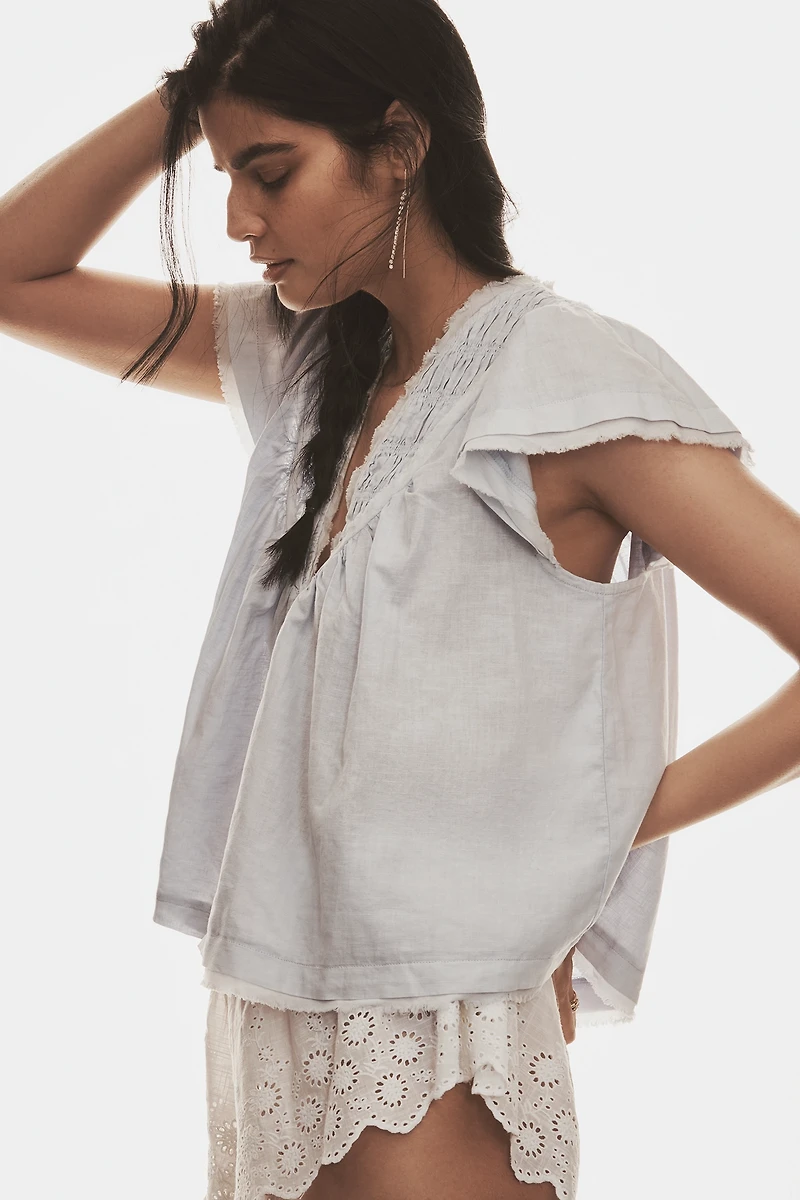 By Anthropologie Short-Sleeve Smocked Linen-Blend Blouse