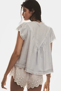 By Anthropologie Short-Sleeve Smocked Linen-Blend Blouse