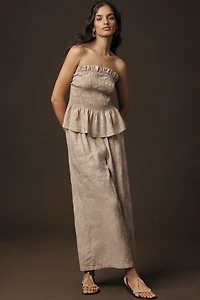 By Anthropologie Linen Cotton Smocked Strapless Top