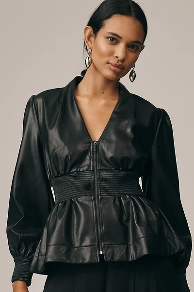The Tommie Long-Sleeve Faux-Leather Smocked Front-Zip Blouse