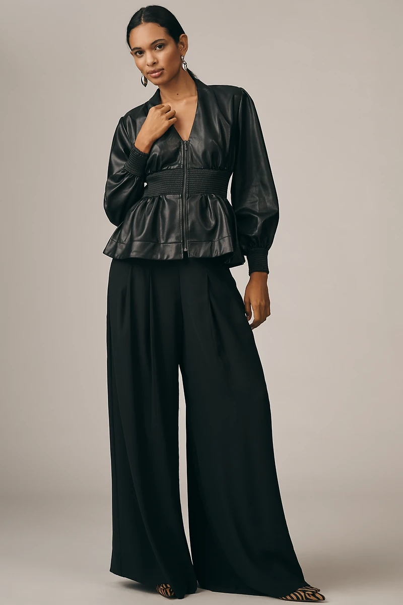 The Tommie Long-Sleeve Faux-Leather Smocked Front-Zip Blouse