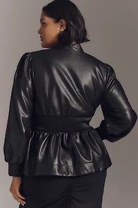 The Tommie Long-Sleeve Faux-Leather Smocked Front-Zip Blouse