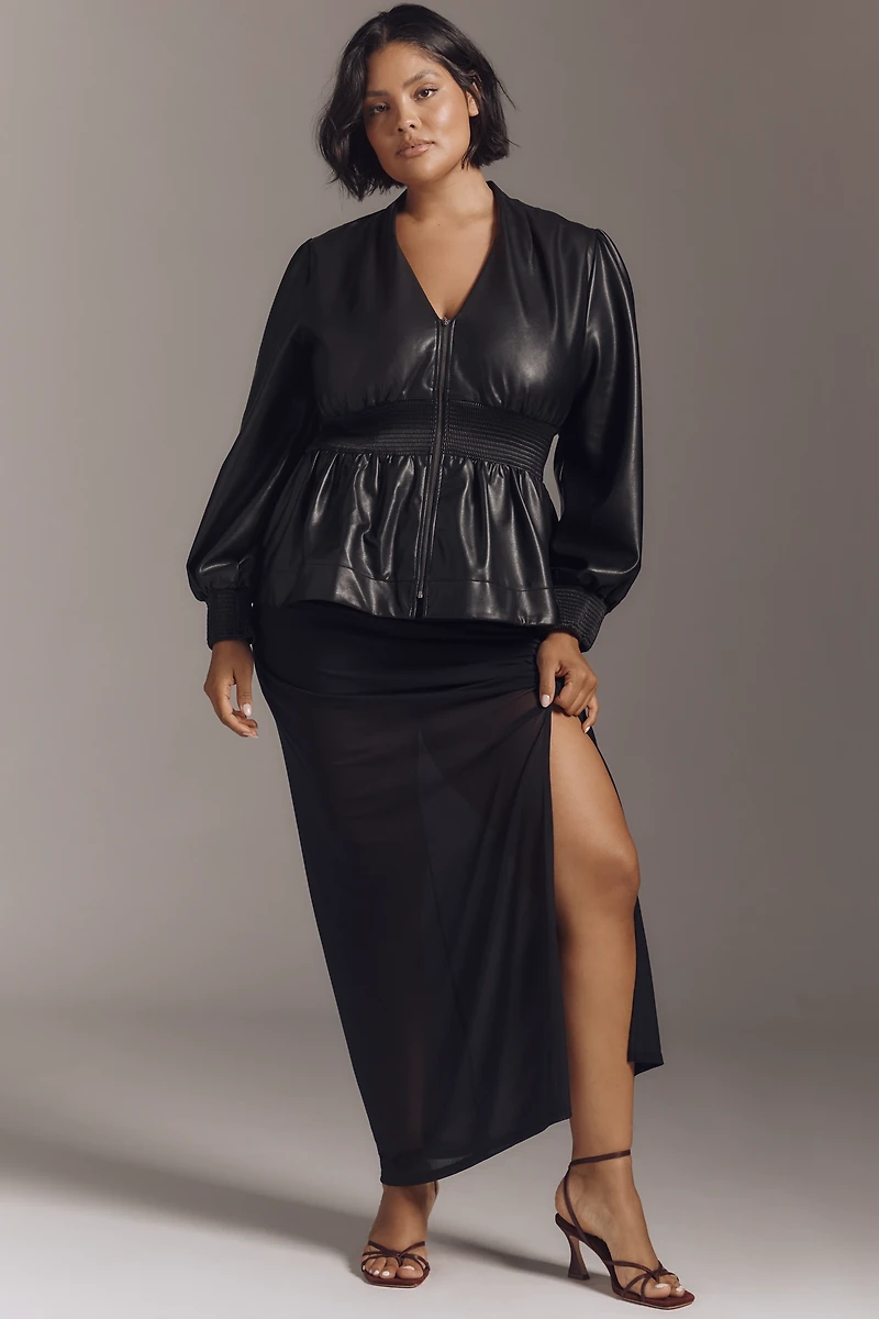 The Tommie Long-Sleeve Faux-Leather Smocked Front-Zip Blouse