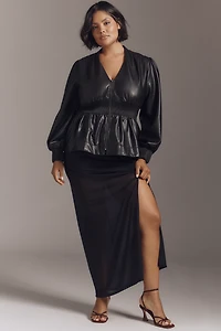 The Tommie Long-Sleeve Faux-Leather Smocked Front-Zip Blouse