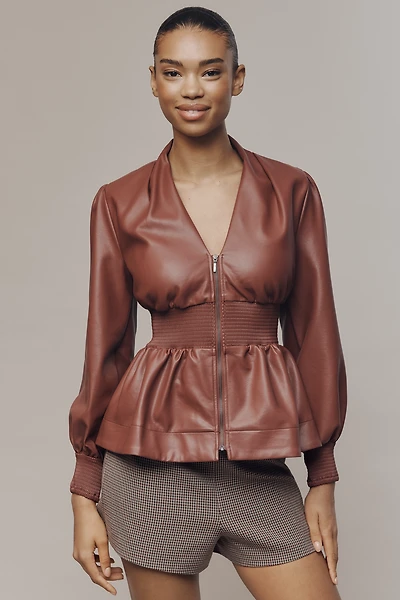 The Tommie Long-Sleeve Faux Leather Smocked Front-Zip Blouse