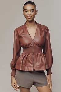 The Tommie Long-Sleeve Faux Leather Smocked Front-Zip Blouse