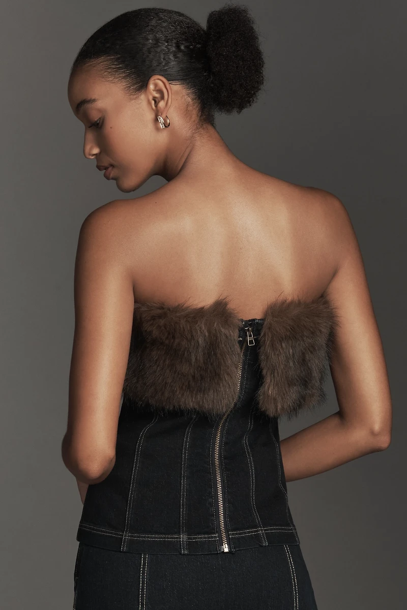 Pilcro Strapless Faux-Fur Trim Denim Top