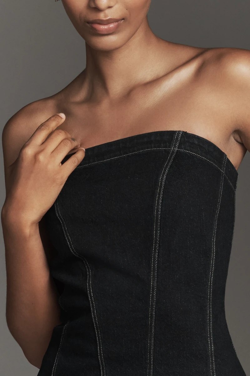 Pilcro Strapless Faux-Fur Trim Denim Top