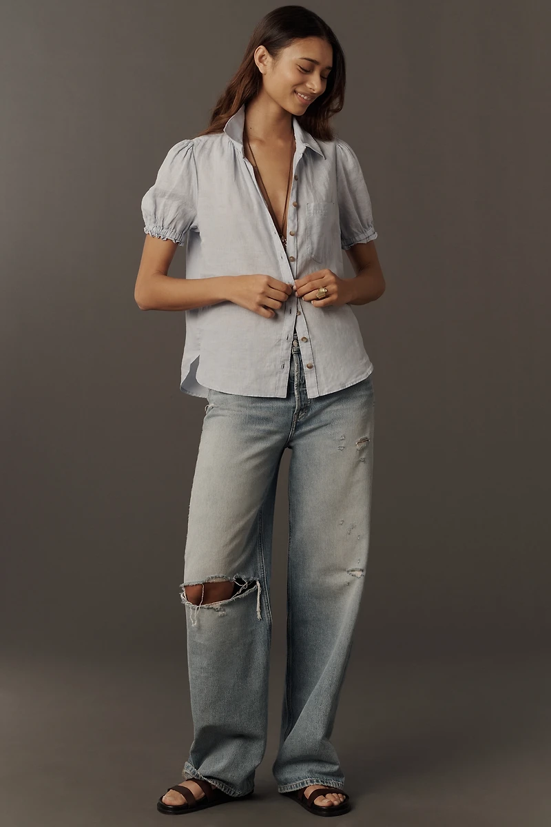 Aly 100% European Linen Puff-Sleeve Blouse