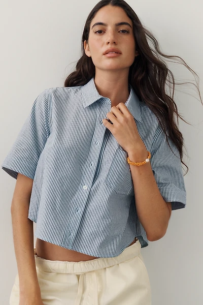 Maeve Merritt Short-Sleeve Cropped Buttondown Shirt