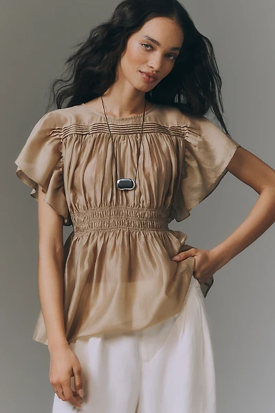 By Anthropologie Sheer Smocked Short-Sleeve Blouse