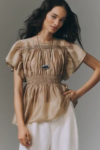 By Anthropologie Sheer Smocked Short-Sleeve Blouse