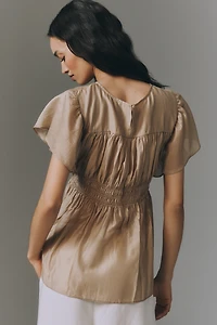 By Anthropologie Sheer Smocked Short-Sleeve Blouse