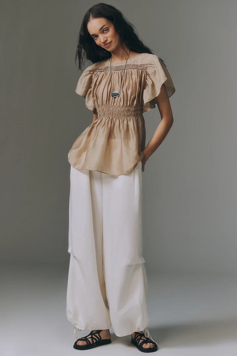 By Anthropologie Sheer Smocked Short-Sleeve Blouse