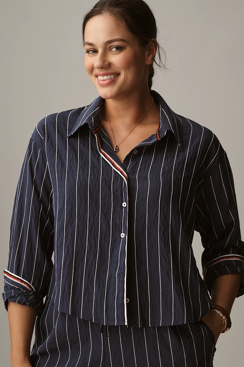 Maeve Pinstripe Silky Buttondown Crop Top