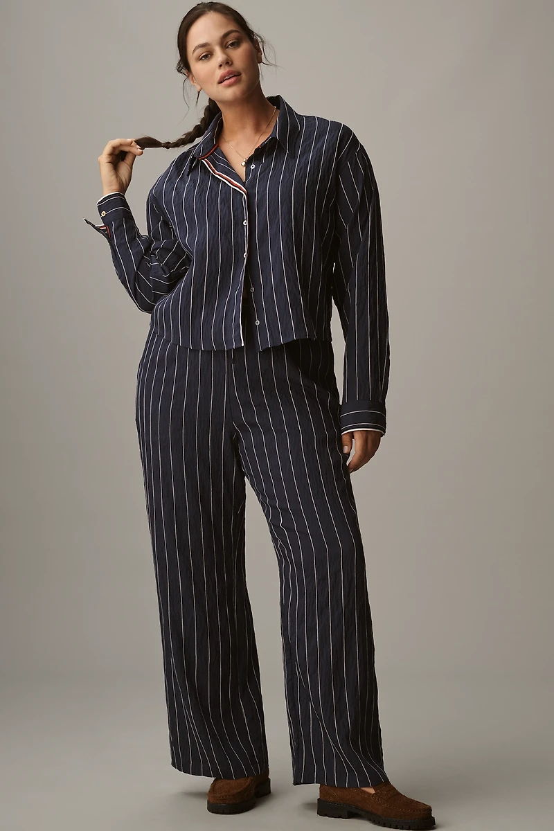 Maeve Pinstripe Silky Buttondown Crop Top