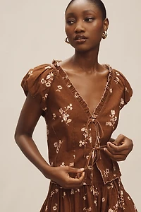 By Anthropologie Puff-Sleeve Tie-Front Linen Top