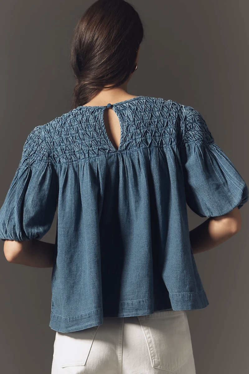 The Liza Smocked Puff-Sleeve Denim Blouse