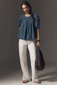 The Liza Smocked Puff-Sleeve Denim Blouse
