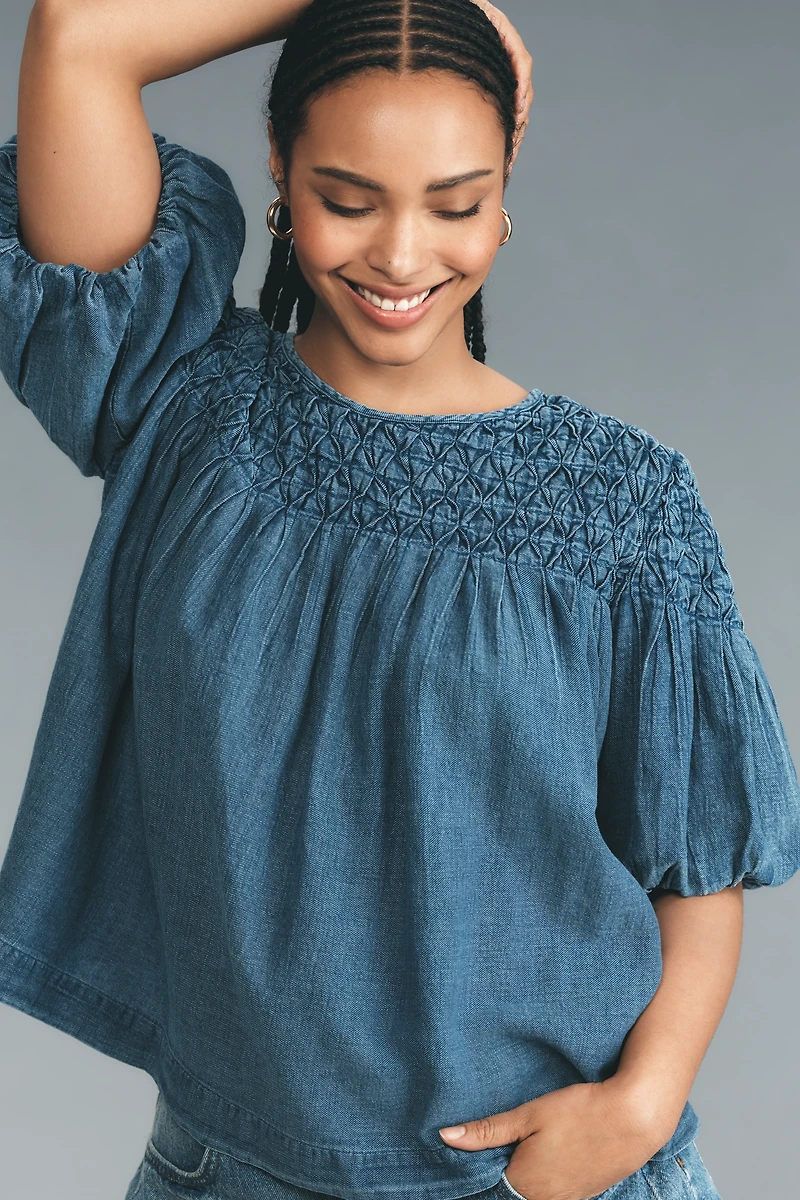 The Liza Smocked Puff-Sleeve Denim Blouse