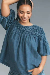 The Liza Smocked Puff-Sleeve Denim Blouse
