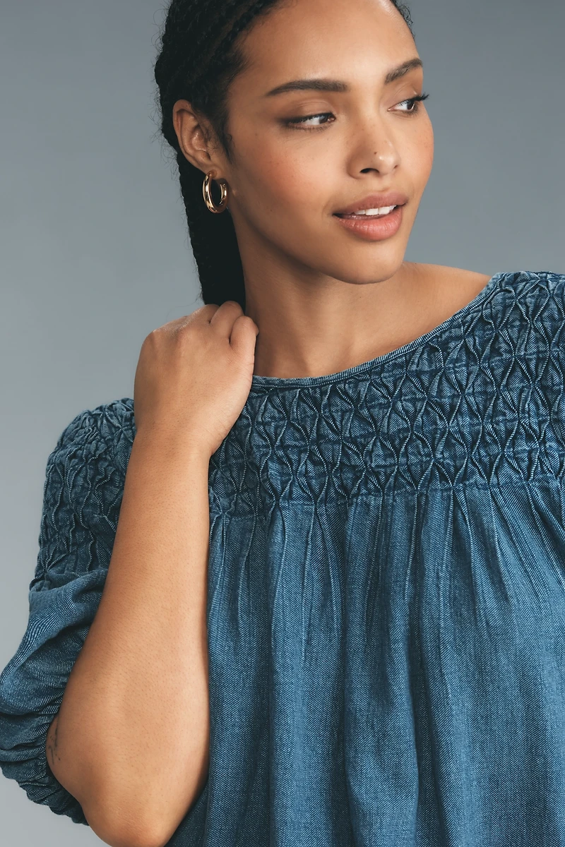 The Liza Smocked Puff-Sleeve Denim Blouse