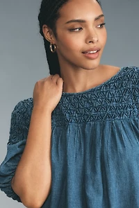 The Liza Smocked Puff-Sleeve Denim Blouse