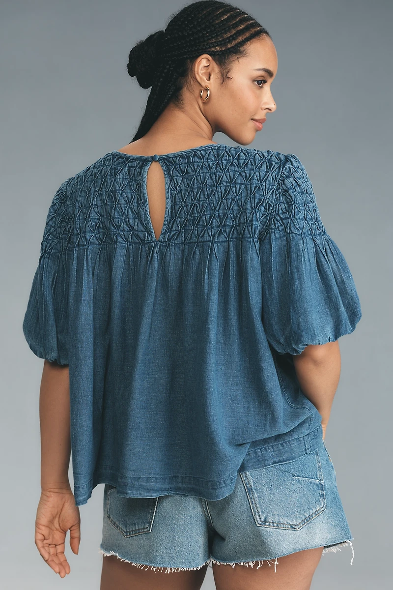 The Liza Smocked Puff-Sleeve Denim Blouse