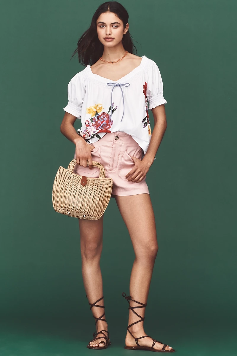By Anthropologie Puff-Sleeve Tie-Front Embroidered Blouse