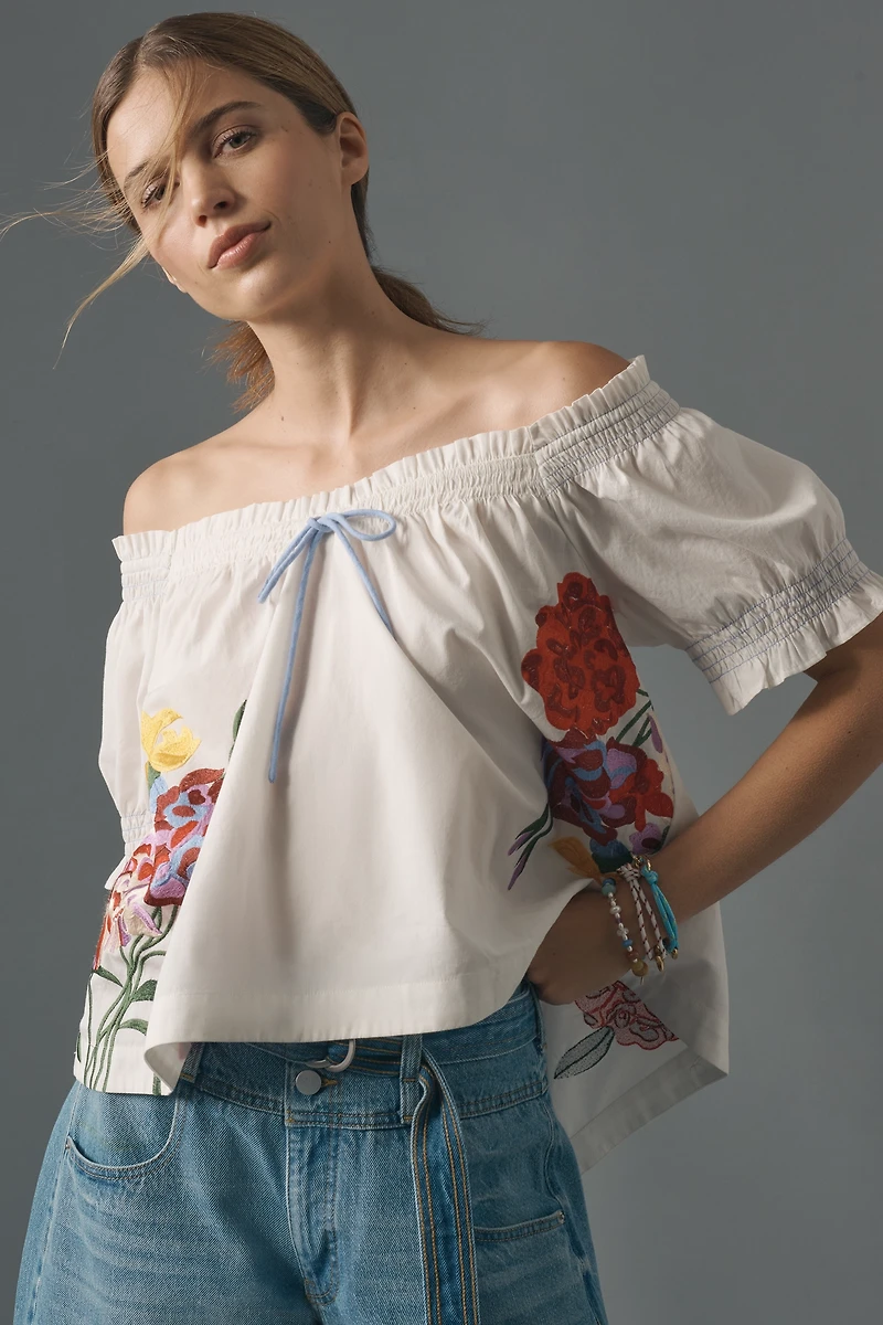 By Anthropologie Puff-Sleeve Tie-Front Embroidered Blouse