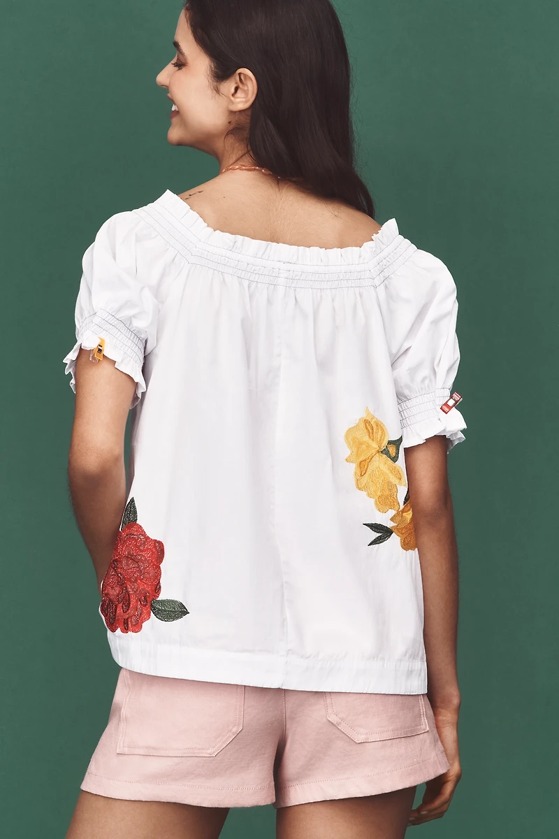 By Anthropologie Puff-Sleeve Tie-Front Embroidered Blouse