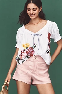 By Anthropologie Puff-Sleeve Tie-Front Embroidered Blouse