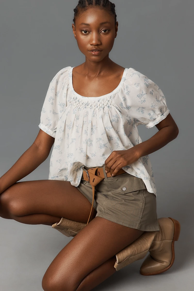 Pilcro Cotton-Blend Puff-Sleeve Crop Blouse