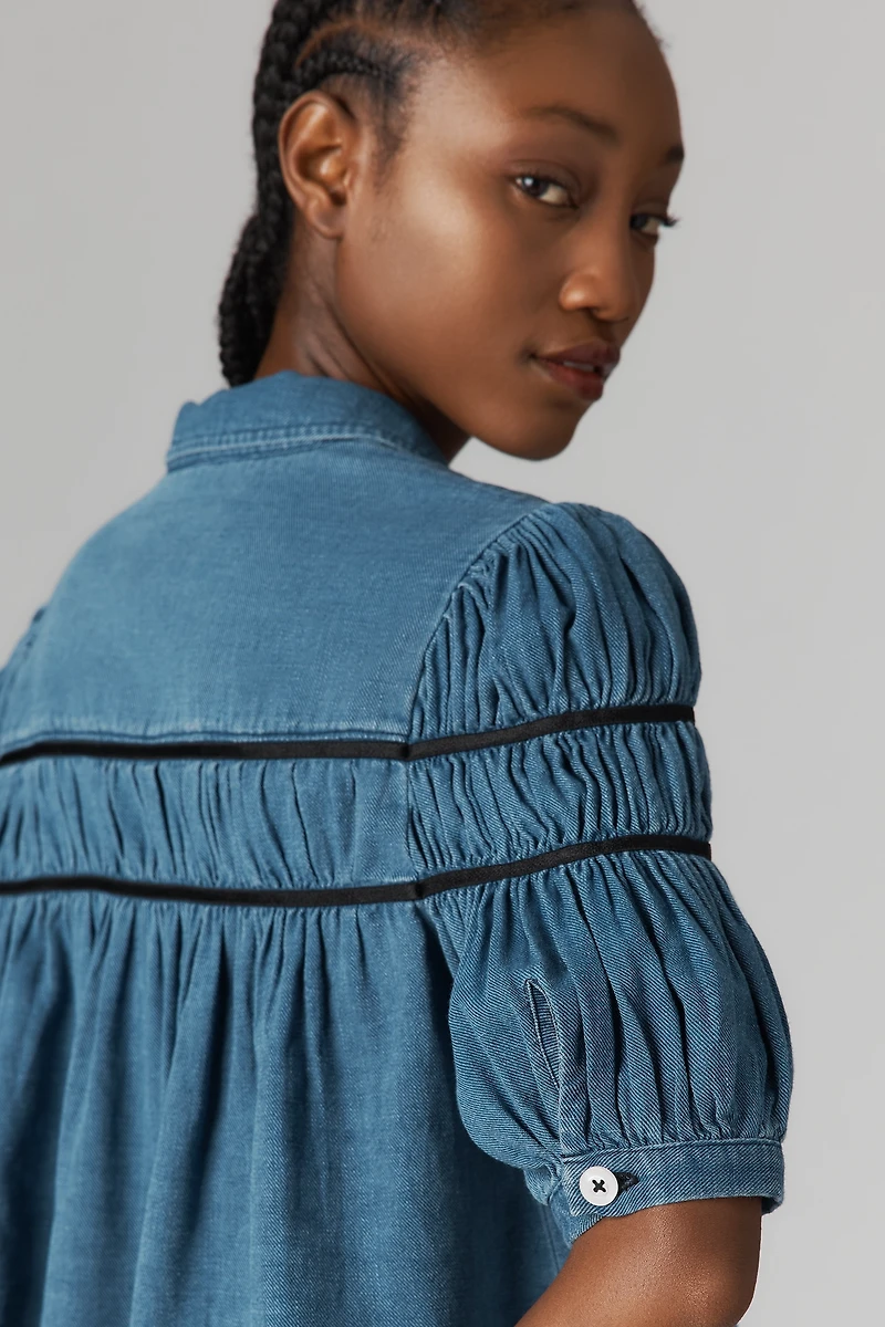 The Leandra Shirred Yoke Blouse by Maeve: Denim Edition